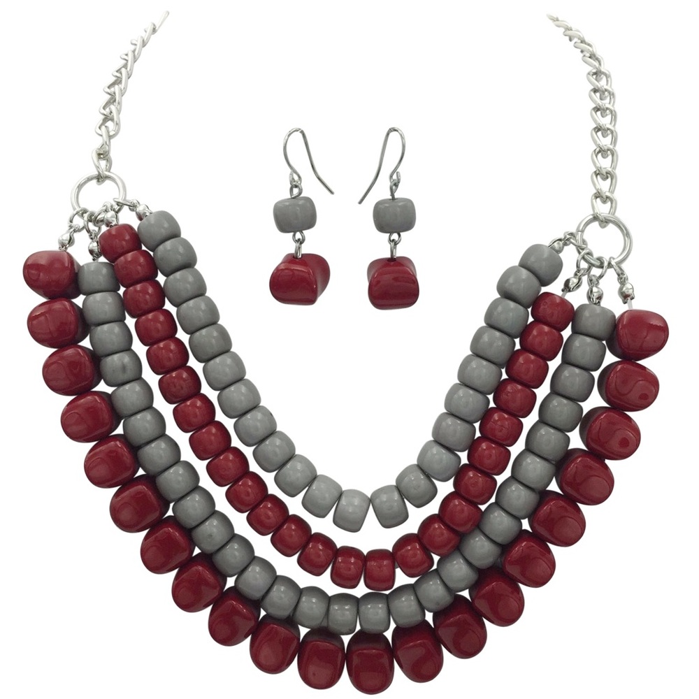 Layered Grey Crimson Red Necklace Earrings Set